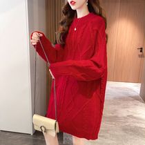 Fashion Ben Life Year Red Cashmere Stitch Cardiovert Autumn Winter Medium Long round collar coarse needle loose with lazy wind Christmas sweater