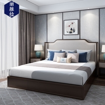 Modern New Chinese Leather Cloth Art Solid Wood Double Peoples Bed Zen-style board room Villa Hotel Folk Sleeping bedroom furniture