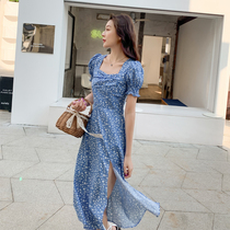 2020 Summer new French vintage floral square collar split slim dress seaside holiday beach dress fairy