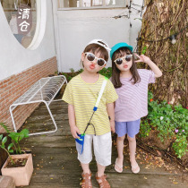 Clearance Xiaobao family summer childrens clothes striped boys girls T-shirt embroidery childrens short sleeves tide children cotton half sleeves