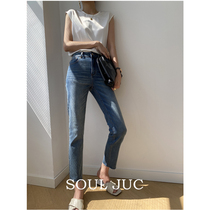 SOUL JUC explicit legs straight high waist 90% pants small straight cylinder elastic display slim jeans