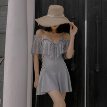 New one-piece swimsuit women cover their stomachs and show thin sexy swimwear female fairy fan conservative swimsuit Korean ins style