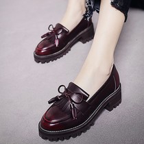 2021 spring and autumn new thick-heeled medium-heeled wild shallow-mouthed shoes bow tassel single shoes British style small leather shoes women