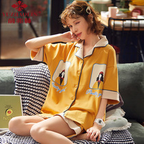 Yu one trillion Lin Pyjamas Woman Summer Short Sleeve Pure Cotton Thin Section Two Suits Korean Version Cute Full Cotton Spring Autumn Day Home Clothes