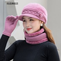 Gloves Anti-cold rabbit furry neck hat suit Lady with velvet thick ride in winter to keep the knitted knitted hat