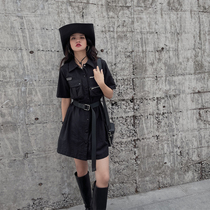 Black cosmos dress waist summer new thin loose short sleeve solid color short skirt small small sweet cool black dress