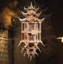 Imported Oak New Chinese Style Pavilion Building Solid Wood Carving Restaurant Hotel Villa Features Hanging LED Lighting