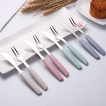 304 stainless steel fruit fork mooncake knife and fork dessert cake fork fruit fork wheat straw small fork custom gift
