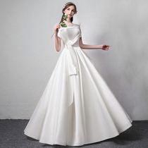  Satin wedding dress 2021 new bride wedding white simple Hepburn temperament one shoulder thin Qi female