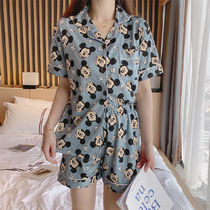 Korean pajamas womens summer short-sleeved shorts two-piece milk silk sweet cute cartoon cardigan lapel home wear