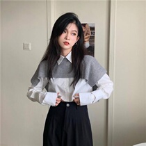 Autumn and two single pieces suit Korean version with small crowd design sense shawl shoulder blouse loose short 100 hitch long sleeve shirt womens clothing wave
