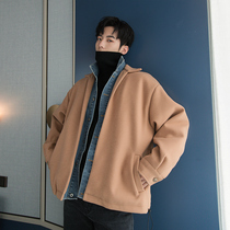 (Spot quick hair) denim splicing fake two woolen coat trend men loose autumn winter woolen jacket