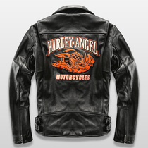 Harley motorcycle riding motorcycle suit mens leather leather first layer cowhide jacket Lapel oblique zipper embroidery jacket