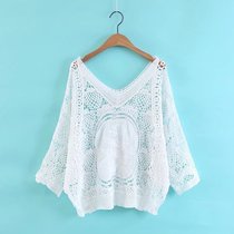 Korean bat sleeve lace loose pullover female V-collar seven-point sleeve hollow blouse short air-conditioned bat shirt tide