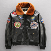 Winter Yuppie Handsome Pilot Fur Coat Men Thickening Plus Cotton Locomotive Wear Badges Printed Loose Fur Collar Leather Jacket Jacket