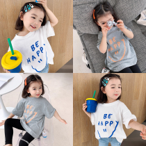 Girls summer dress 2022 new Korean version Children smiling face short sleeve T-shirt baby thin pure cotton mesh red ocean half sleeve