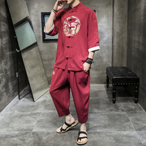 Chinese style Tang suit male youth summer seven short sleeve set retro style buckle crane embroidery cotton linen tunic