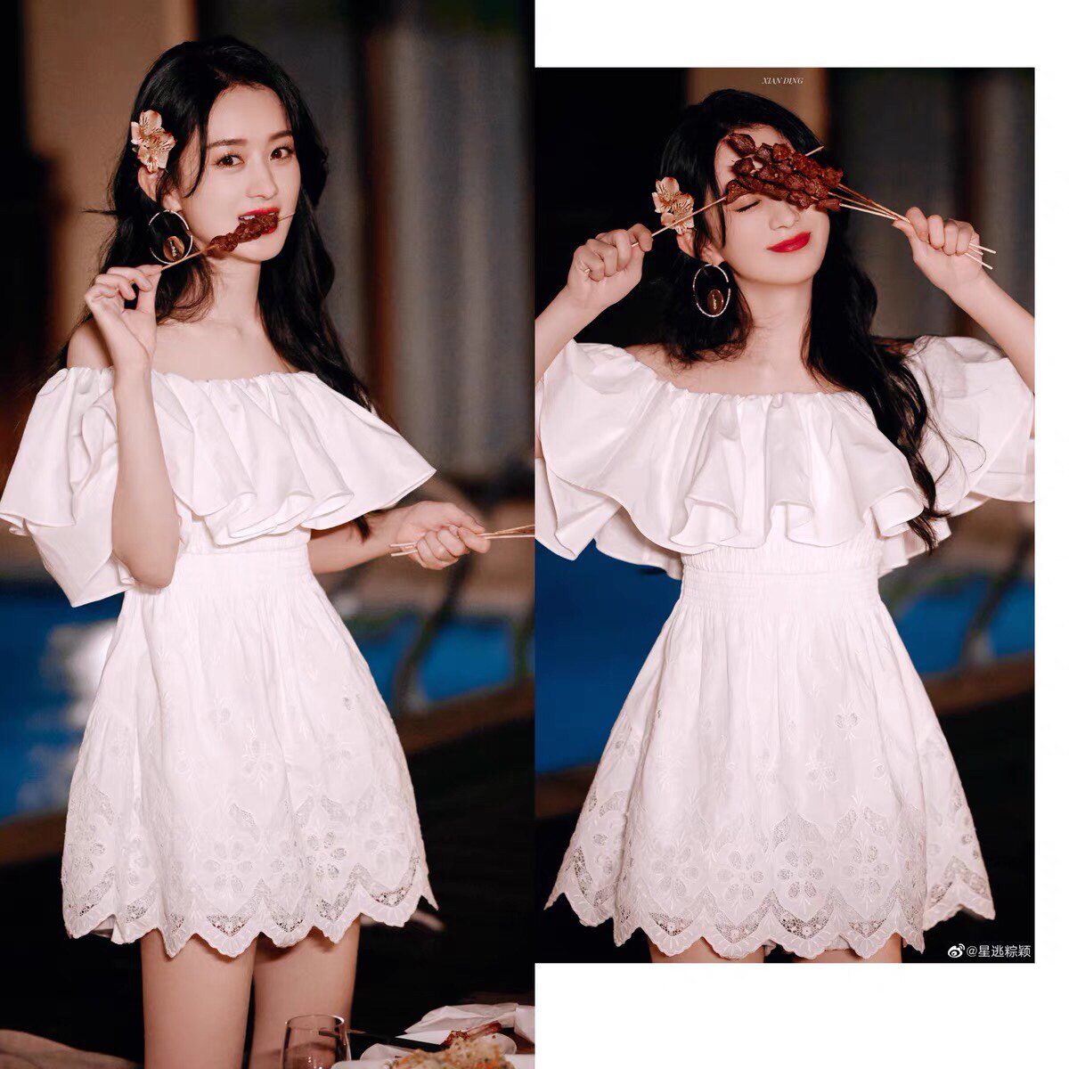 明星赵丽颖同款白色连衣裙女夏季一字肩超仙甜美收腰气质显瘦裙子