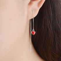 S925 pure silver new Japan-ROK Ri Lili sweet and beautiful ear line long ear pendant small red heart personality flow Su anti-allergy woman