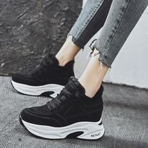 Sneakers female 2020 new plus suede cotton shoes winter warm inside heightening 8cm 100 hitch black casual tourist shoes