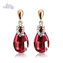 Korean version of the new new long sterling silver needle earrings red crystal diamond earrings elegant water droplets without ear holes ear clip women