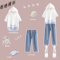 2022 summer new large size student wear 7 girls leisure sports two-piece junior high school students 7 points pants suit