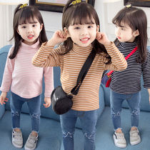 Girls base shirt 2021 spring new childrens pure cotton t-shirt female baby striped semi-high collar foreign style top