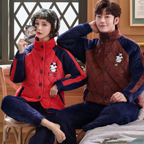 Winter couple pajamas female coral velvet thickened three-layer padded jacket warm can be worn outside mens home clothes autumn and winter models