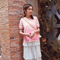 Hong Kong 2021 Summer new pink short sleeves T-shirt blouses Round Collar Splicing Loose Ice Silk Needlenitwear Net Red Women