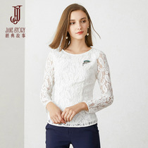 Classic story 2021 autumn new round neck short sleeve lace T-shirt women loose elegant top fashion base shirt