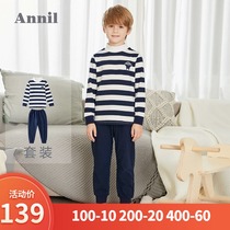 Anel Childrens Wear Boys Pajamas Set Spring Thin 2019 Autumn New Warm Mid-collar Striped Autumn Pants Set