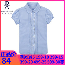 Eaton Guild full cotton toothpick pleated lace splicing small round collar Womens through short sleeve shirt Blister Sleeves Shirt 16C202