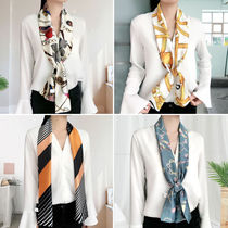 2020 Korean version of the wild decorative small scarf Double slender narrow scarf Silk scarf Professional bow tie spring and autumn headscarf