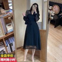 2021 fall new gestational woman dress up slim and high waistcoat Waist Temperament Van Black V Collar Dress Dress