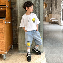 Childrens clothing boys summer suit 2021 new childrens foreign style summer Korean handsome short sleeve denim two-piece tide