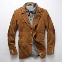 British casual leather suit mens velvet yellow cowhide mens suit tide men Street fur casual suit