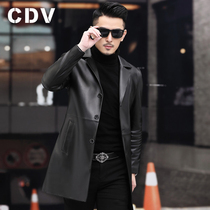 2021 new leather leather mens Haining sheepskin mid-length windbreaker suit collar thin casual suit jacket