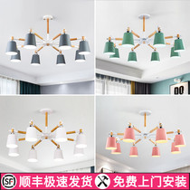 Nordic Living Room Chandelights Master Bedroom Light Brief Led Wood Art Lamp Triple Room Two Hall Package Light Color Light Bag Installation