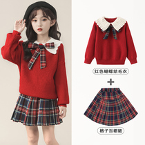 Girls Sweater Set Autumn Winter 2022 New Fashionable Western Style Christmas Children's Red Skirt Two Piece Set Winter