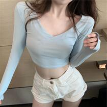 Summer 2020 new Korean slim slim vneck short coat female foreign style thin long sleeve navel sunscreen T-shirt