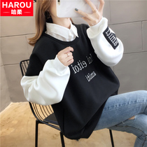 Plus velvet thick sweater girl autumn winter clothing 2021 New Junior High School High School students Korean loose fake two coat