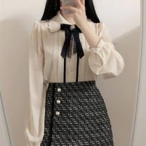 2021 Spring and Autumn New Korean version of retro Hong Kong flavor embroidery flower lapel bow bow pin solid color long sleeve shirt Women