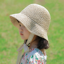 2021 summer new Korean childrens hat travel sunshade baby plain fisherman hat lace strap straw hat
