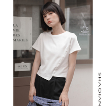 2022 Summer New Diagonal Snap Button Small Crowd Design Sensation Irregular Pure Cotton White T-Shirt Woman Short Sleeve Loose Short