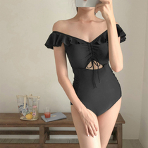 Korean version of the new shoulder swimsuit womens retro sexy small fragrant wind backless conjoined body belly thin black swimsuit
