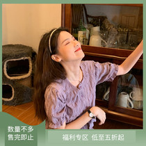 Purple shirt womens 2021 summer new short-sleeved Korean version loose Chiffon ruffle top waist Western style shirt