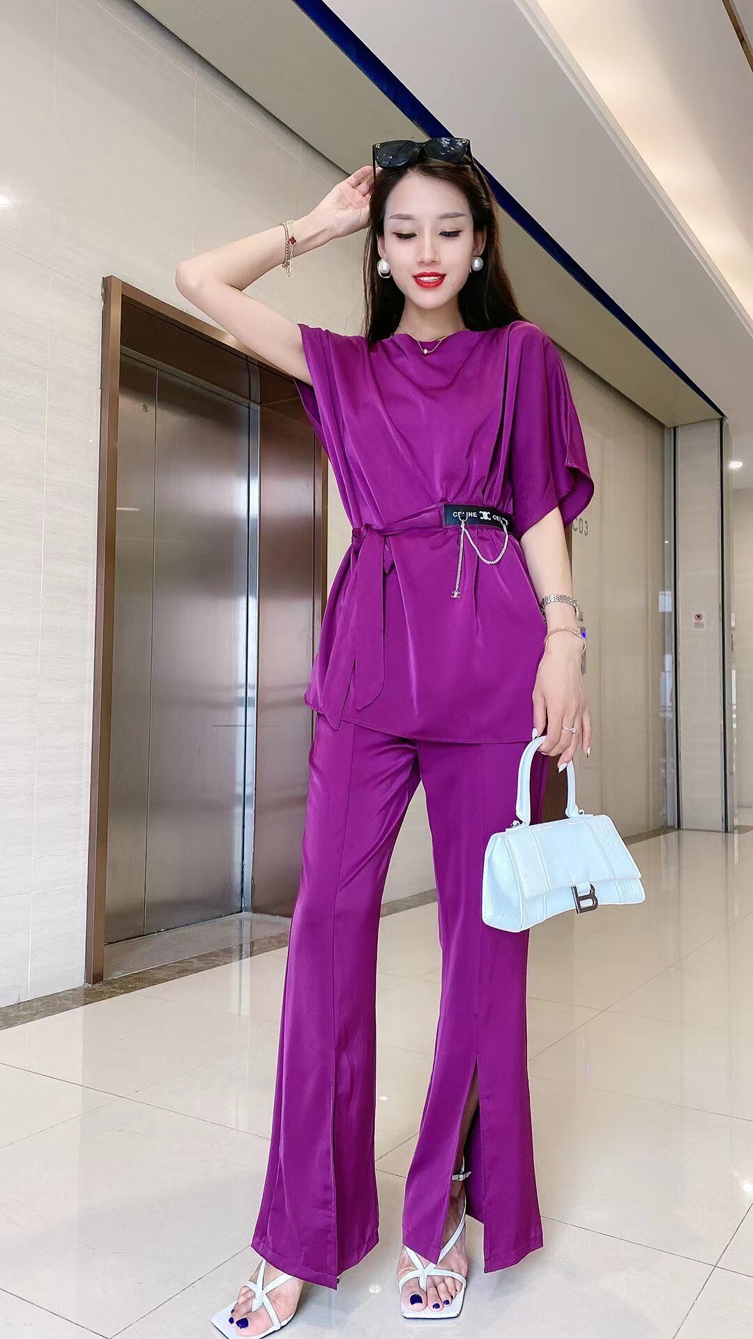 高定制阔腿裤套装女夏设计感系带收腰上衣高腰西装裤醋酸两件套