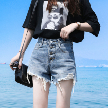 Denim shorts womens 2021 summer new Korean version is thin and loose high-waisted burrs a-line holes wide-leg hot pants trend