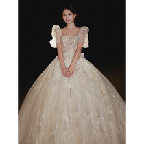 Main wedding dress 2022 new bride small French retro one-shoulder high-quality texture luxury trailing light winter