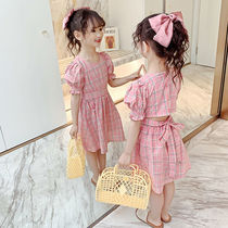 Girls dress in the big childhood summer girl dress 2022 new Han Edition childrens lattice short sleeve princess skirt